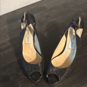 Jimmy Choo Black Sparkle Glitter Peep Toe Sling Back High Heels Size 39 Italy